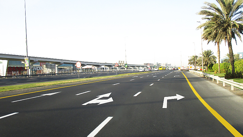 White Arrows and Yellow Solid Lines Road Surfaces Marking, Sheikh Zayed Road, Dubai