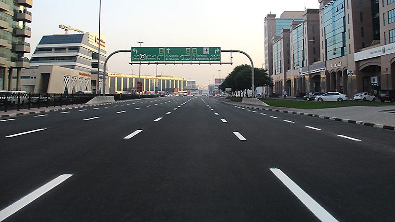 Road Marking Dotted White Lines, at Sun Rise, Dubai